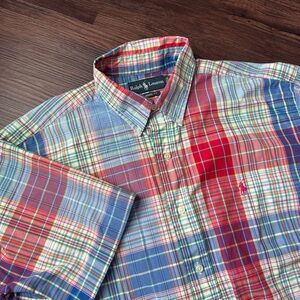 Polo Ralph Lauren Shirt Mens Large Madras Plaid Short Sleeve Button Down Red